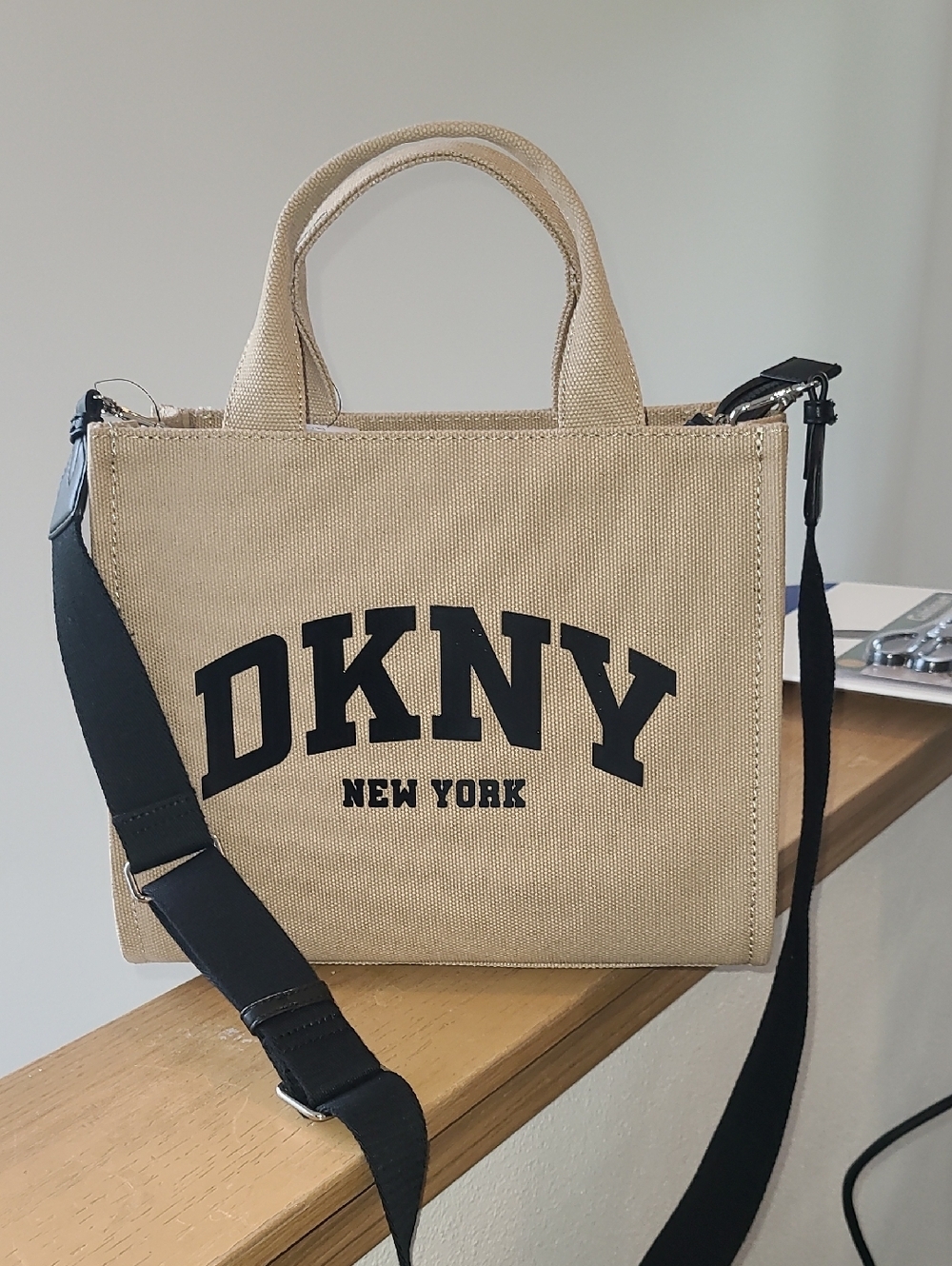 DKNY Beige Canvas Messenger Tote with Black Logo and Strap